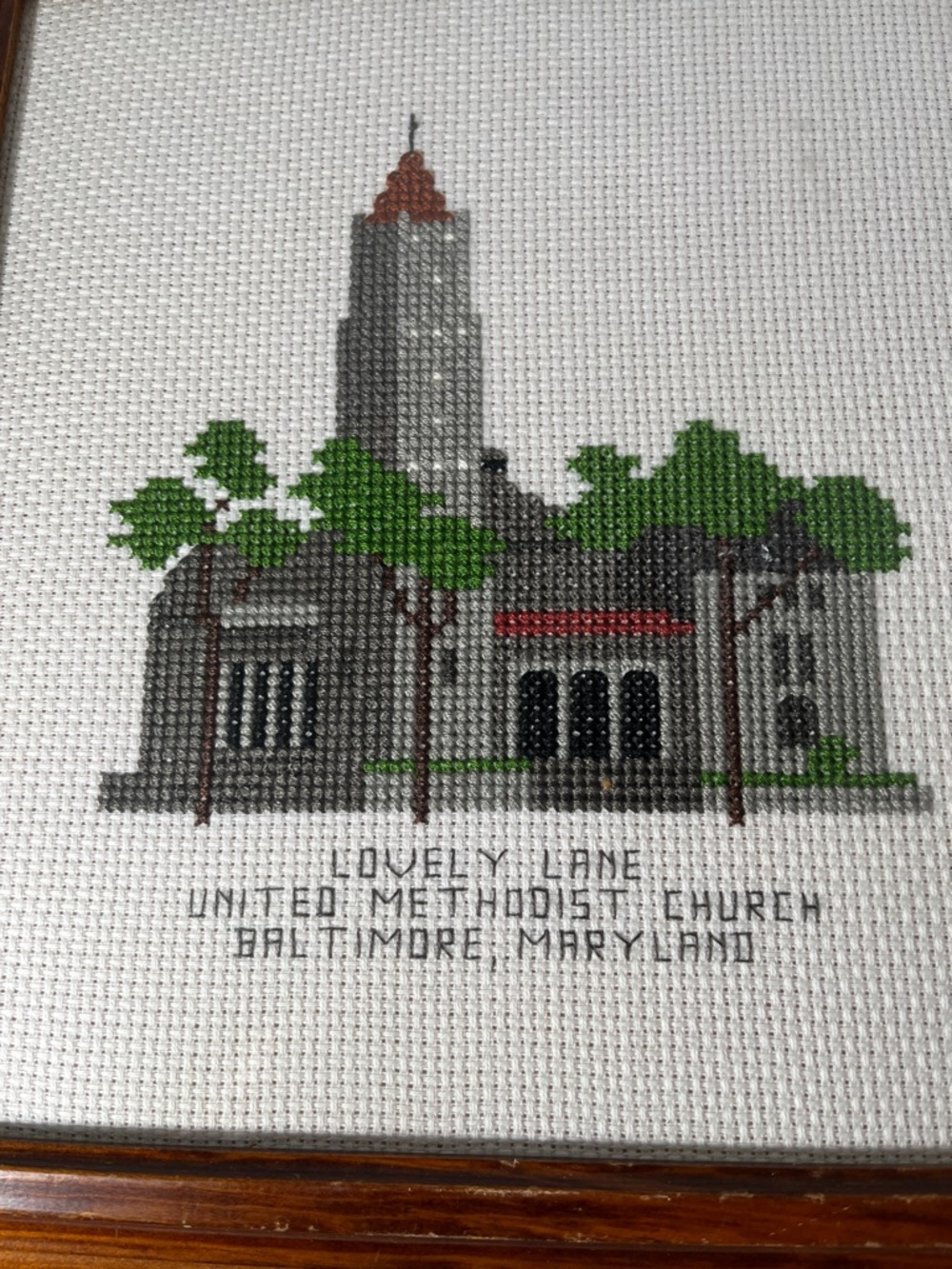 Framed Cross-Stitch Artwork in Brown Frame Lovely Lane united Methodist Church - Picture 2 of 7